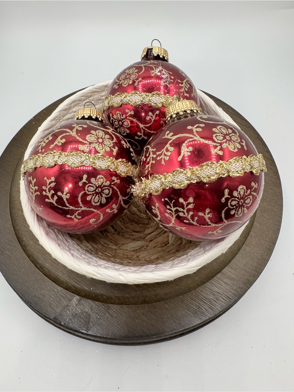 Vintage Krebs Glass Round Christmas Ornaments With Glitter and Braid Set of 3